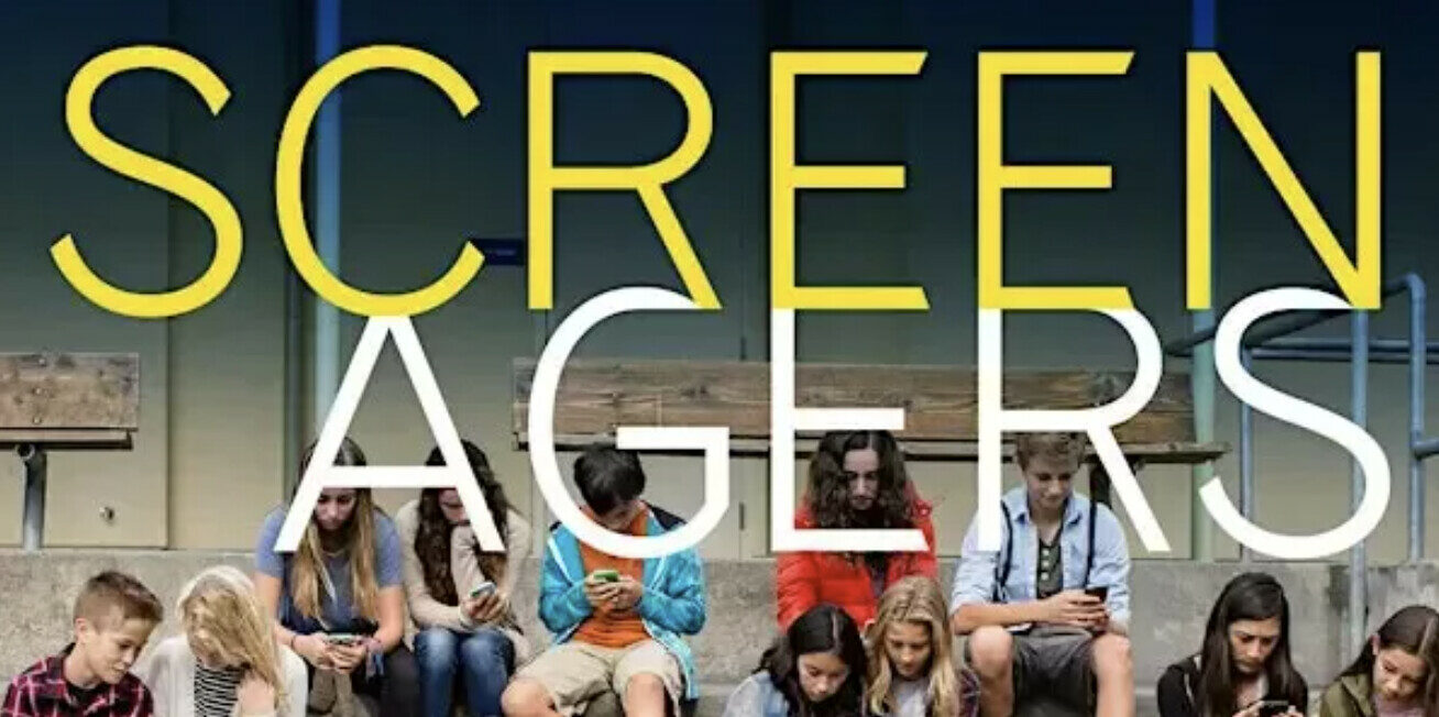 Film poster for Screenagers showing a group of children and teens sitting together while looking down at their phones, with the title “Screenagers” displayed prominently.