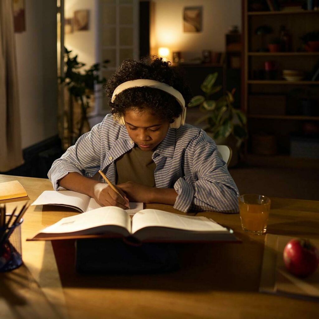 A student focuses on homework at a desk in the evening, wearing headphones and writing in a notebook beside open textbooks and a glass of juice.